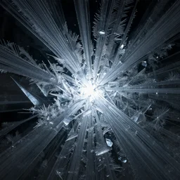 a light beam through a beautiful complex composition of glass prisms crystal ice growth, macro lens, dark side of the glass