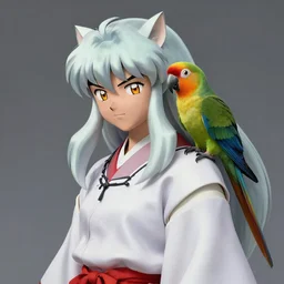 inuyasha with a parrot sitting on the shoulder, 8 k, from waist up, fantasy, smooth, subtle shadows, fine details, photorealism, hyper realism, octane render, stunning, intricate, elegant, highly detailed, digital painting, artstation, smooth, sharp focus, raw, art by hokusai katsushika
