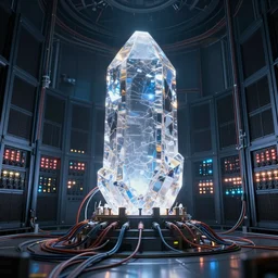 giant energy growing crystal in power reactor, many cables, blinking lights, servers Photorealistic, glowing raytracing, reflection, 4k,