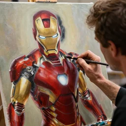 a closeup photorealistic photograph of bob ross working on a canvas painting of iron man. film still. this 4 k hd image is trending on artstation, featured on behance, well - rendered, extra crisp, features intricate detail, epic composition and the style of unreal engine.