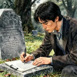 portrait, A man writes poetry at the grave of his lost love, watercolor, dramatic lighting, cinematic, establishing shot, extremely high detail, foto realistic, cinematic lighting, pen and ink, intricate line drawings, by Yoshitaka Amano, Ruan Jia, Kentaro Miura, Artgerm, post processed, concept art, artstation, matte painting, style by eddie mendoza, raphael lacoste, alex ross