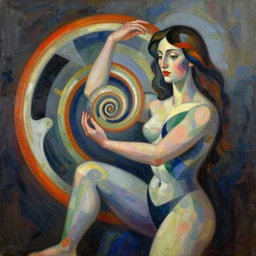 woman woman plays with the perfect spiral strengthening the essence of life, abstract art in the style of cubism and georgia o keefe