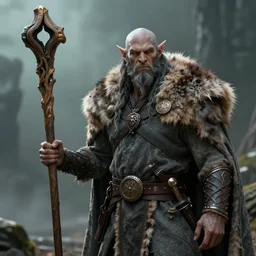 A Half-orc Druid holding a wooden staff, wearing a grey fur robe, Mike Mignola
