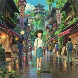 woman standing on rainy and busy high fantasy city street, detailed shops, people walking around. in the style of spirited away, vibrant colours, hyperrealism, soft lighting, art by satoshi kon, lush detail, award winning, trending on artstation, by otto dix and greg rutkowski and beeple, 4 k