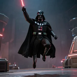film still of Darth Vader jumping up in joy over his great success in the new Star Wars movie, 4k