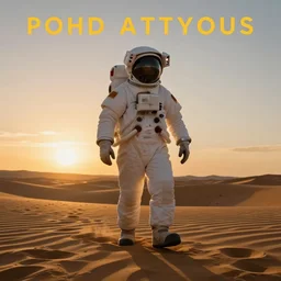 [ single ] astronaut walking through the desert [ alone ] at sunset during golden hour, cover art