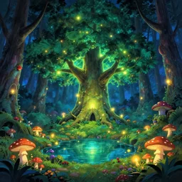 a sanctuary in an enchanted forest, large glowing tree in the middle, pond, night, mushrooms, glowing lights, epic fantasy, colorfully, digital art, highly saturated colors, concept art, detailed illustration, hd, 4 k, digital art, greg rutkowski, dan mumford, studio ghibli trending on artstation
