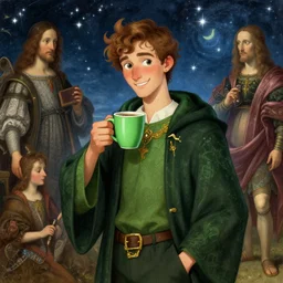 portrait of a ( ( ( grande y verde una taza de cafe ) ) ), ( ( dotado futuristic guapo y joven mago italiano macho alegre ) ), lleno de estrellas y magia, concept character, by filip hodas and mucha and botticelli and bob ross and bierstadt and remington, trending on artstation