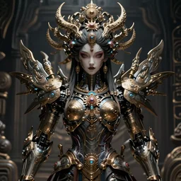 akira from chinese mythology, hi - tech luciferian synthetic, gorgeous and huge head ornaments, dystopian, cyberpunk, mecha, cinematic dramatic light, ominous, intricate, studio, art by anthony macbain + greg rutkowski + alphonse mucha, concept art, 4 k, sharp focus