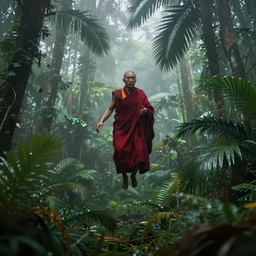 flying tibetan monk in weightlessness inside tropical jungle forest with palm leaves. dressed in traditional red cloth, foggy and gloomy, highly detailed, abstract, swirl post processing filter in glsl