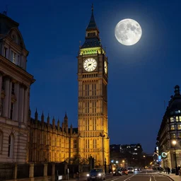 london street with dark clocktower under a full moon at night, highly realistic photograph, 8 k, masterpiece