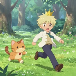 Deidoro sakaki from mha wearing preppy fashion style and a crown in a beautiful dewy meadow near a forest early in the morning, running away from a giant cute plushie cat, mid 20th century disney style