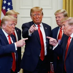 5 clones of Donald Trump pointing fingers at each other