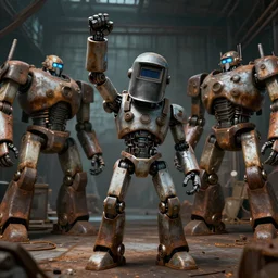 a realistic crazy robot wearing a welding helmet, welding helmet head, one fist raised high in triumph, raised fist, standing in front of many large robots inside a huge rusty dingy warehouse, army of big robots, raygun gothic, atomic punk, digital art, detailed render