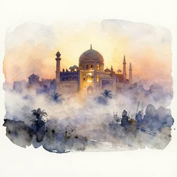 small centered on watercolor paper, paint brush strokes, abstract watercolor painting of foggy dawn, ancient arabian sheik palace, cinematic light, national romanticism by hans dahl, by jesper ejsing, by anders zorn, by greg rutkowski, by greg manchess, by tyler edlin