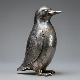 Metalwork of a penguim, medieval art, fragmented metal medieval sculpture of a penguim