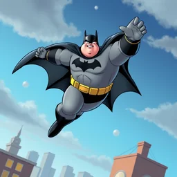 peter griffin as batman, flying in sky
