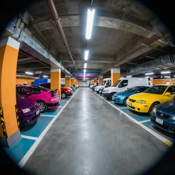 underground parking garage, colorful cars and trucks, fish eye, halogen wall lights, octane renderer, 8k,HDR color, vibrant