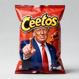 full shot of donald trump in a pack of cheetos, photorealistic, product photography, studio lighting