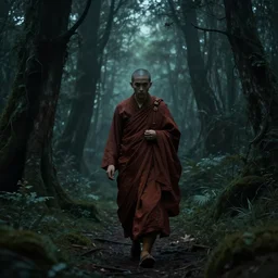 a monk walking through a mystical, spooky, oppressive forest. Artwork, Highly detailed, artstation