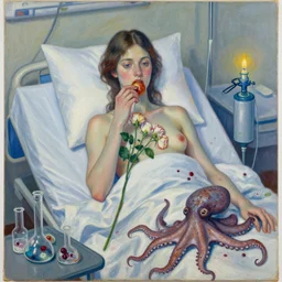 portrait of a female art student in a hospital bed, sensual, wilted flowers, squashed berry stains, octopus, scientific glassware, eating rotting fruit, oxygen tank, candlelight, neo - impressionist, surrealism, acrylic and spray paint and oilstick on canvas