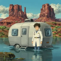 hyperrealist cartoon from howl's moving castle ( 2 0 0 4 ) of a grey scientist caravan in a flooded monument valley, wide shot, hq depth of field.