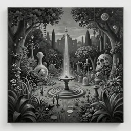 a gorgeous, fantastic, magic garden landscape by michael kidd, mc escher, trending on artstation, artgerm, acrylic on canvas, muted color tones, darker,!! low contrast!!, chillwave, futuresynth