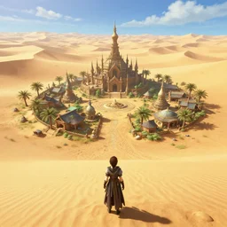 a beautiful spiritual sacred godly ancient isolated alien village built in the lush oasis of a vast hot sand desert, 3 rd person action adventure, screenshot, gameplay, final fantasy, square enix, jrpg, cutscene, unreal engine, 4 k, ultra high settings, rtx, next gen graphics, playstation 5, greg rutkowski, tetsuya nomura