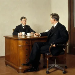 man in desk with coffee and black suit by leyendecker and dean cornwell, 5 feet distance from the camera, n - 6