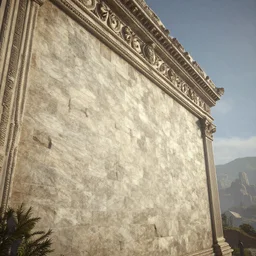 close shot angle from below of giant ornated romanic marble brick wall, atmospheric perspective, on a fantasy landscape by greg rutkowski, wayne barlowe and cristian sauret, 8 k