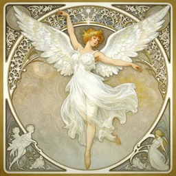 tinker bell as an angel, intricate, elegant, magical, powerful, dancing, art nouveau, baroque style, white dress, angelic, enchanted, art by art by artgerm and greg rutkowski and ruan jia and peter polach