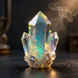 translucent colorful precious crystal on a dark table, ray - tracing, beautiful, black opal, sharp focus, octane render, beautiful hdr 8 k, moody dark environment realistic, specular, detailed, unreal engine 5, golden hour, shimmering effect, light smoke, modern background wallpaper, wlop, chebokha, rutkowski