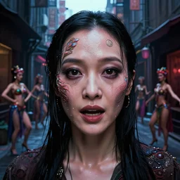 portrait of gemma chan tavern bard, surrealistic, intricate face, crazy expression, sweat, narrow dark streets with exotic dancers, vaporwave aesthetics, 8 k uhd, unreal engine, octane render in the artstyle of finnian macmanus, john park and greg rutkowski