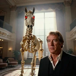 photorealistic close up shot cinematography of a steve mcqueen acting in a twilight zone episode about a photoreal h. r. giger designed horse skeleton sculpture with glowing red eyes shot on film at magic hour with the sun shining into a large 6 0's hotel lobby room filled with volumetric haze by the shining cinematographer john alcott on a cooke panchro 2 7 mm lens.