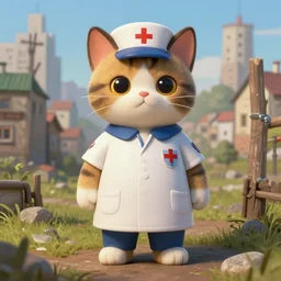cute anthropomorphic cat field medic standing in - between post - soviet era town, matte fantasy painting, highly detailed, portrait, d & d artwork, by akira toriyama, trending on artstation, volumetric lighting