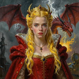 a realistic detail portrait of a beautiful queen look like Anya taylor-joy in middle earth, raining, thunder, magic, dragon, oil painting by Alphonse mucha, Julian calle, wlop, greg rutkowski, Finnian MacManus, Syd mead Trending on artstation, red  and yellow scheme, 8k, Unreal Engine