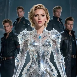 a fancy portrait of Scarlett Johansson in crystaline armour by Greg Rutkowski, Sung Choi, Mitchell Mohrhauser, Maciej Kuciara, Johnson Ting, Maxim Verehin, Peter Konig, final fantasy , mythical, 8k photorealistic, cinematic lighting, HD, high details, atmospheric,