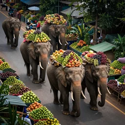 Huge elephants dragging goods across the road, which is surrounded by dense fruit stalls, ue, high precision, By Craig Mullins