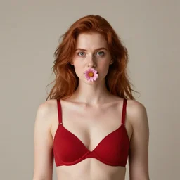 Portrait of a young redhead lady with a flower, Canon EOS R3, f/1.4, ISO 200, 1/160s, 8K, RAW, unedited, symmetrical balance, in-frame, red bra