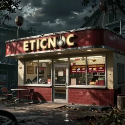 dark academia ethical ladle abandoned fastfood restaurant, postapocalypse, cinematic