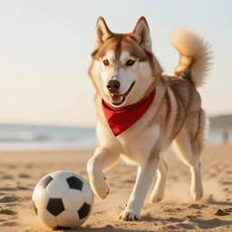 close-up photo of a playful caramel husky wearing a red bandana playing soccer at the beach, golden hour, Breathtaking, 8k resolution, extremely detailed, beautiful, establishing shot, artistic