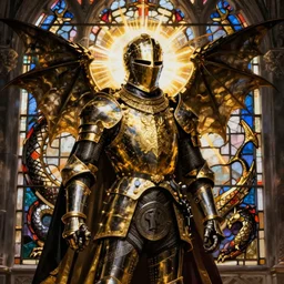 black and gold knight with dragon, stained glass, honorable