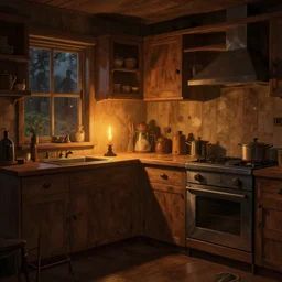 epic illustration of a wooden kitchen dim lit by 1 candle doubly so by Goro Fujita and Simon Stalenhag and Peter chan , 8k, trending on artstation, hyper detailed, cinematic