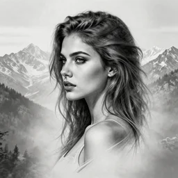 tattoo design sketch of a beautiful woman with a background of beautiful mountains on her side, hyper - realistic, double exposure effect, in the style of den yakovlev, amazing detail, black and white, faded