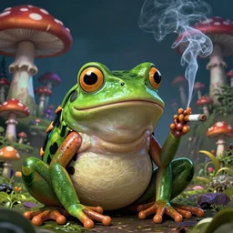 A centered chest up portrait of a psychedelic demonic anthropomorphic frog smoking a hand-rolled cigarette smoking heavily , magic mushroom village in background . award winning. superb resolution. in the art style of junji Ito and greg rutkowski . Detailed Mushroom city in background. Hyper realistic anime. Perfect art. Dalle2