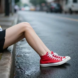 side view of the legs of a woman hook sitting on the ground on a curb, very short pants, wearing red converse shoes, wet aslphalt road after rain, blurry background, sigma 8 5 mm
