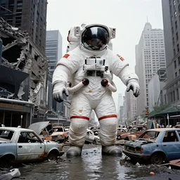 very realistic giant flood photographs of lone american white spacesuit chubby astronaut in postapocalyptic abandoned destroyed times square, wrecked buildings, destroyed flipped wrecked cars, pinhole photo, vintage, neutral colors, documentary still by gregory crewdson