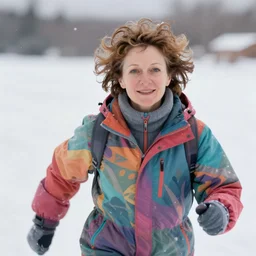 a photo of 4 0 year old woman with short wavy curly light brown hair and blue eyes wearing colorful winter clothes is running in a snowy field. 1 1 mm. front view, perfect faces