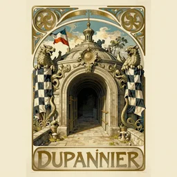 [Art nouveau poster of a bunker adorned with gargoyles and checkered flags. Propaganda poster!, intricate, elegant, highly detailed, digital painting, artstation, concept art, matte, sharp focus, illustration]