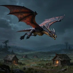 a wyvern flying low over huts on a plain, at night, fantasy art, artstation, dnd, dramatic lighting, concept art, 4 k, hyper realistic